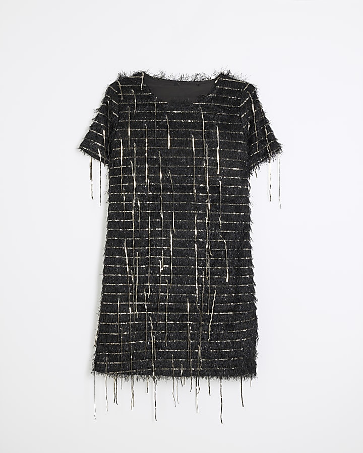 Black Sequin Fringe Column Dress