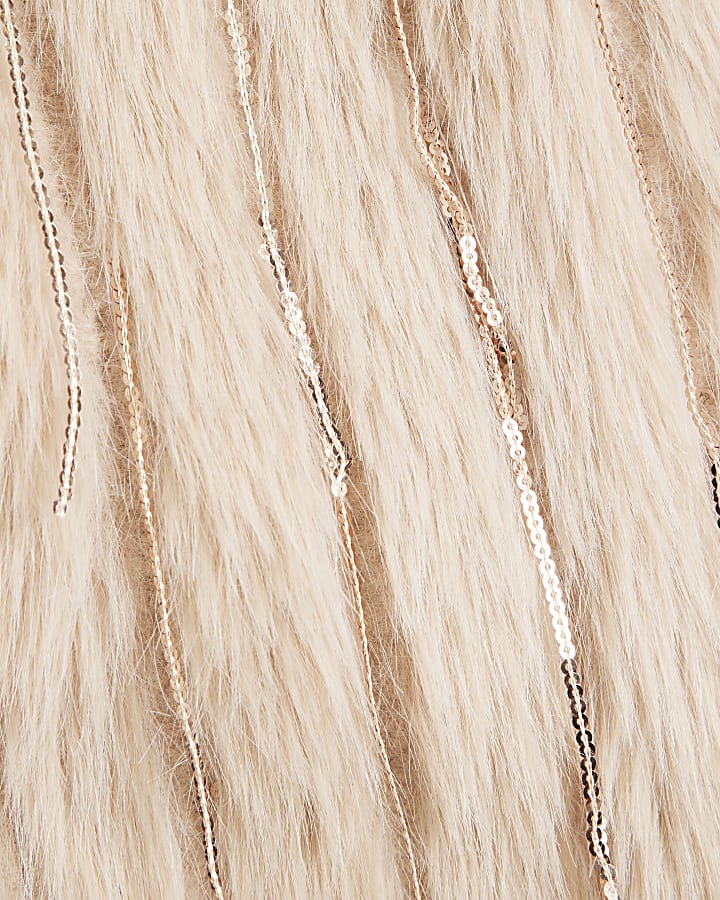 Beige Faux Fur Sequin Fringe Jacket