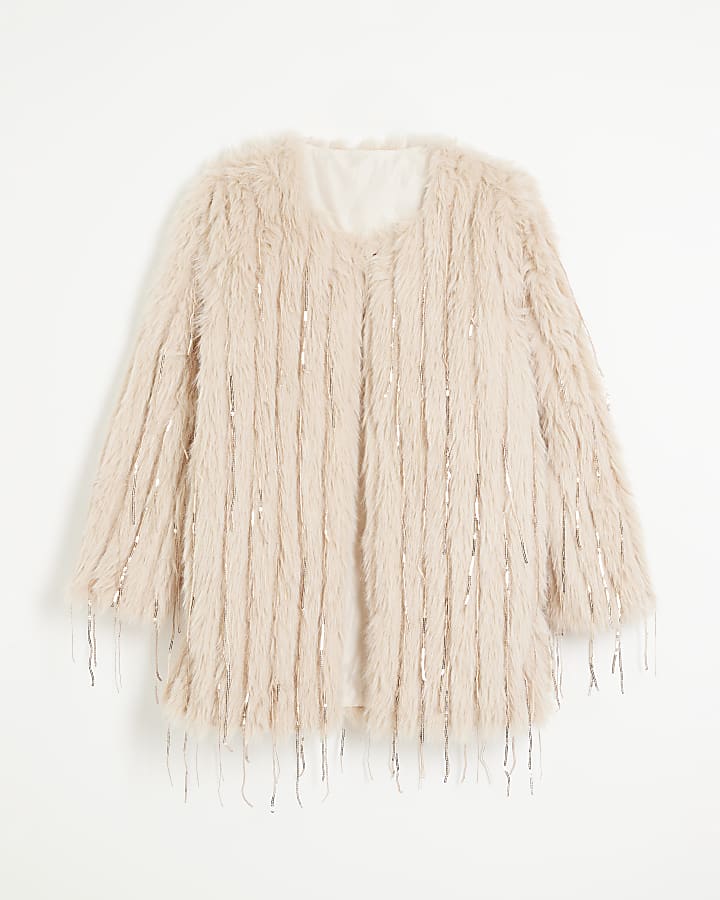 Beige Faux Fur Sequin Fringe Jacket