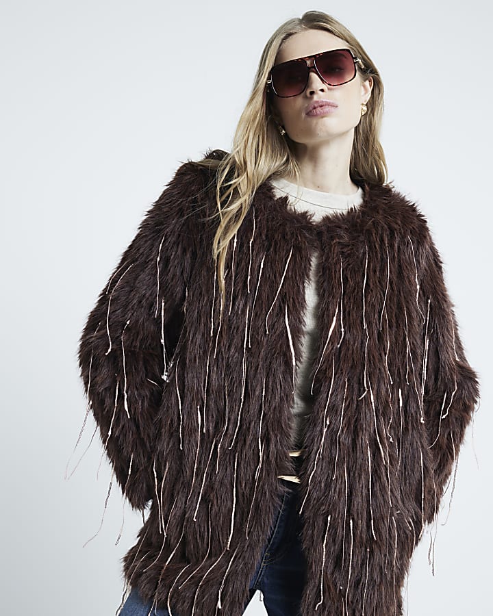 Brown Faux Fur Sequin Fringe Jacket