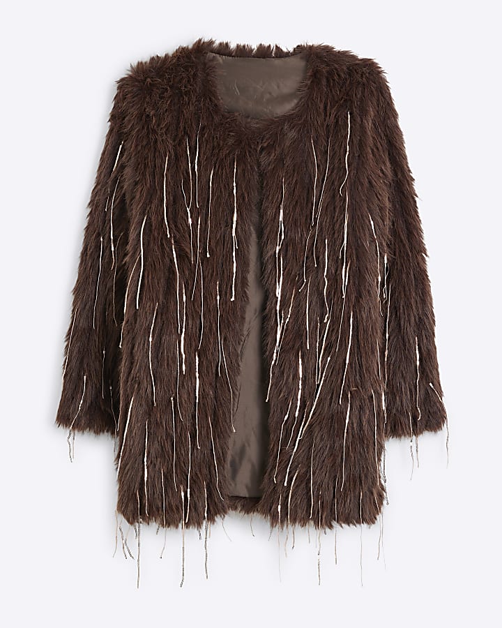 Brown Faux Fur Sequin Fringe Jacket