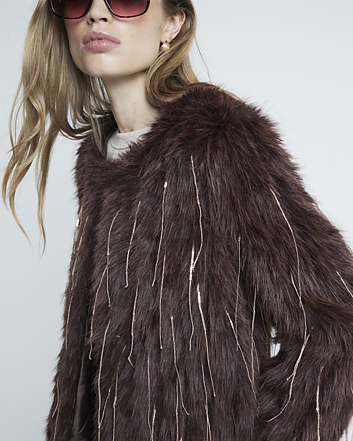 Brown Faux Fur Sequin Fringe Jacket