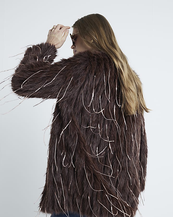 Brown Faux Fur Sequin Fringe Jacket