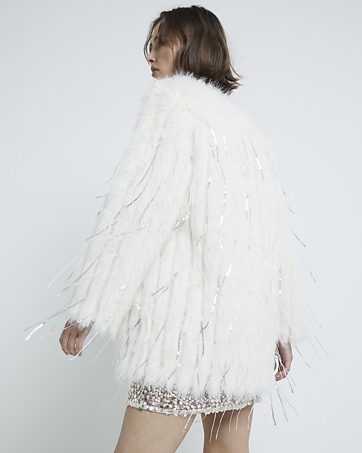Cream Faux Fur Sequin Fringe Jacket