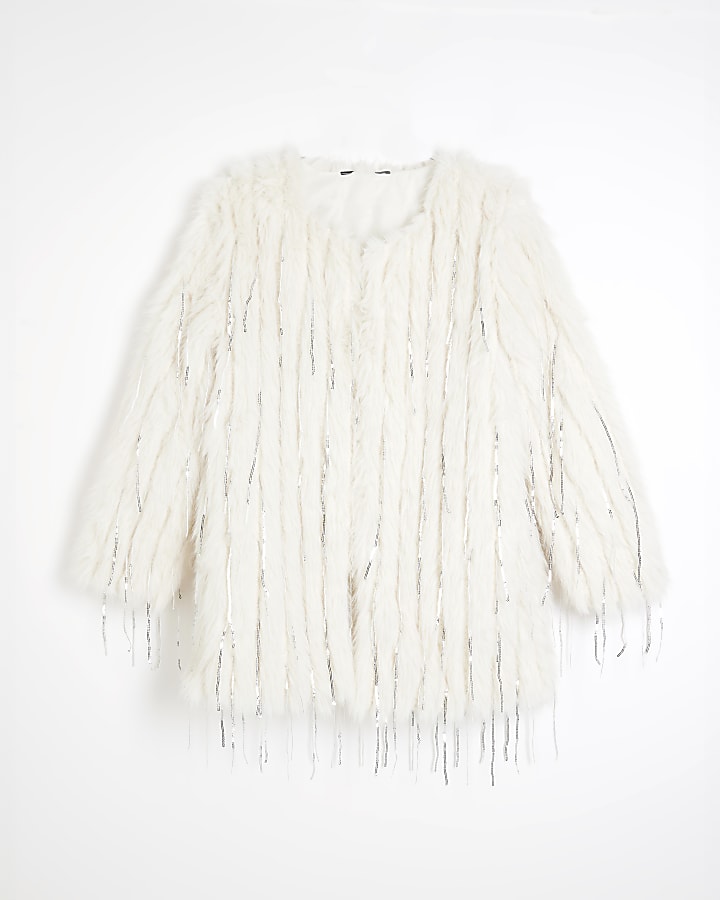 Cream Faux Fur Sequin Fringe Jacket