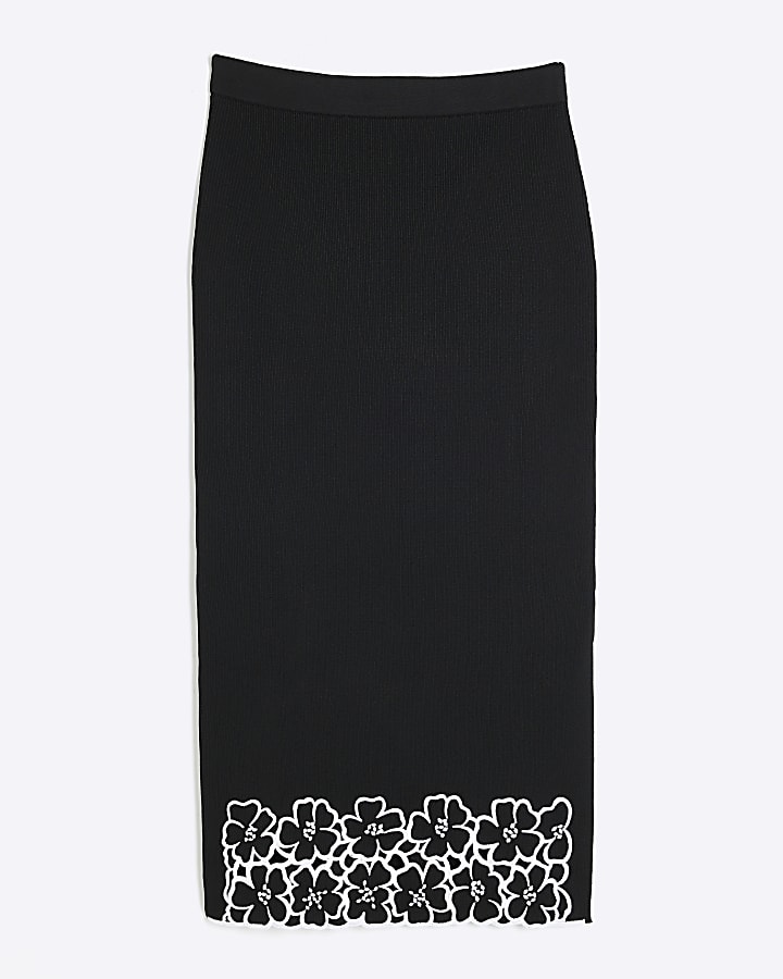 Black Cut Out Floral Midi Skirt