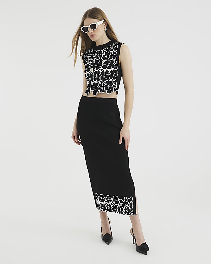 Black Cut Out Floral Midi Skirt