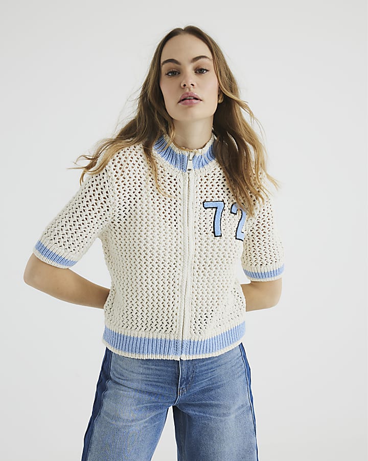 White Holey Zip Through Knitted T-Shirt