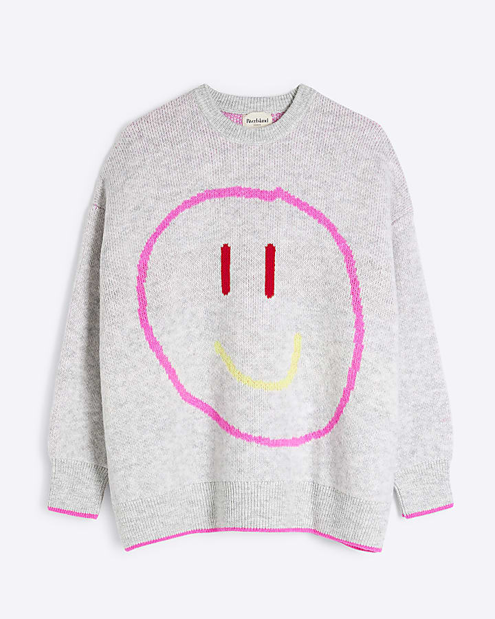 Grey Smiley Face Oversized Jumper