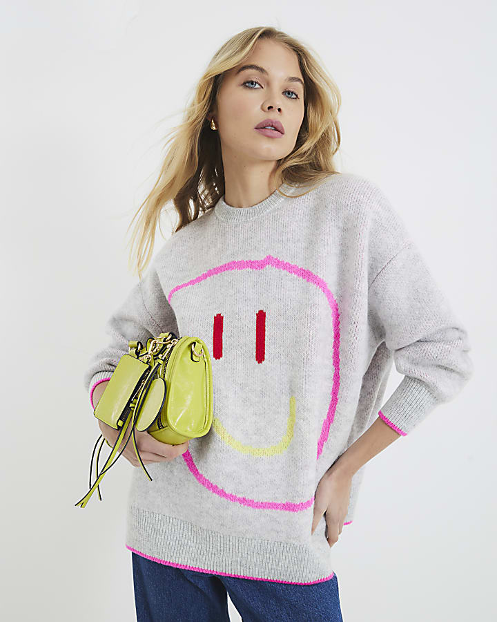 Grey Smiley Face Oversized Jumper