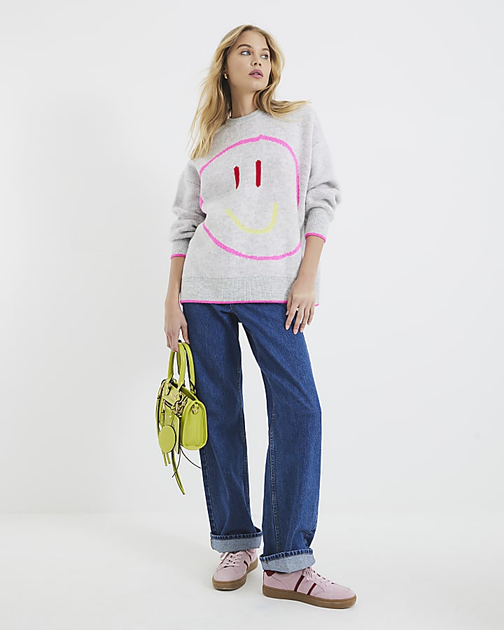 Grey Smiley Face Oversized Jumper