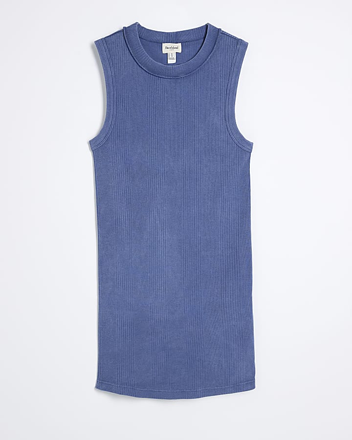 Blue Sleeveless Ribbed Longline Tank Top