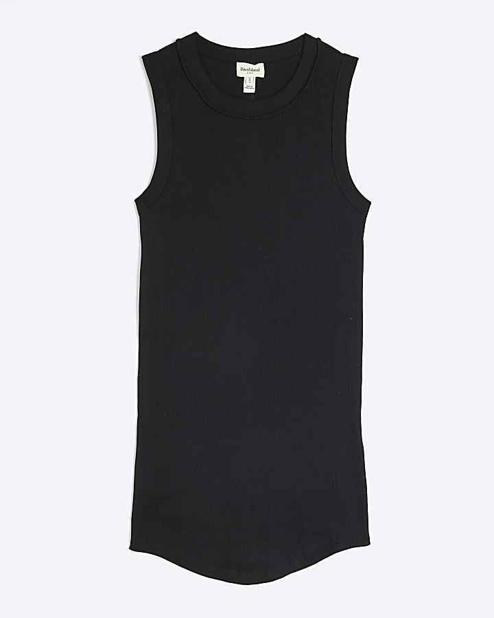 Black Sleeveless Ribbed Longline Tank Top