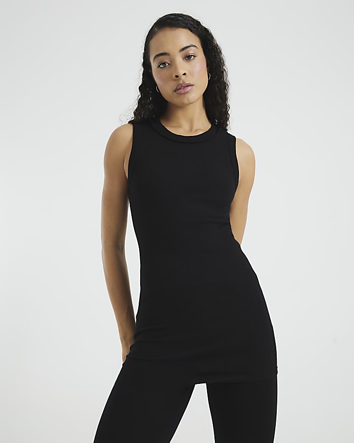 Black Sleeveless Ribbed Longline Tank Top