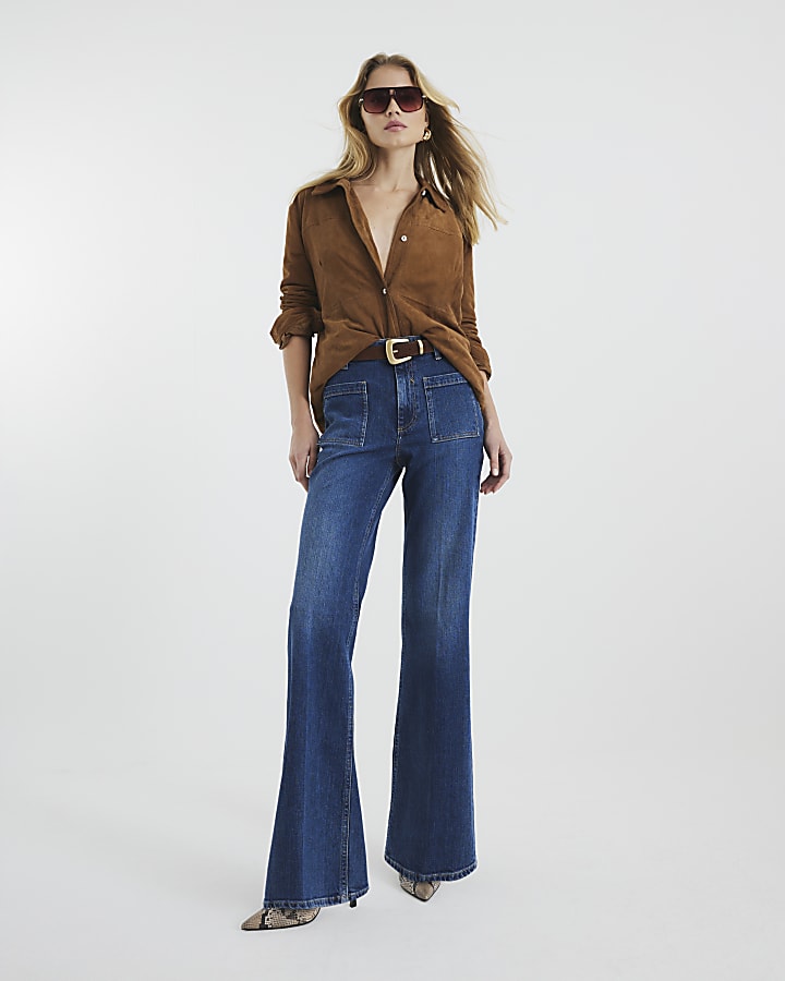 Blue Denim High Rise Relaxed Flare Jeans