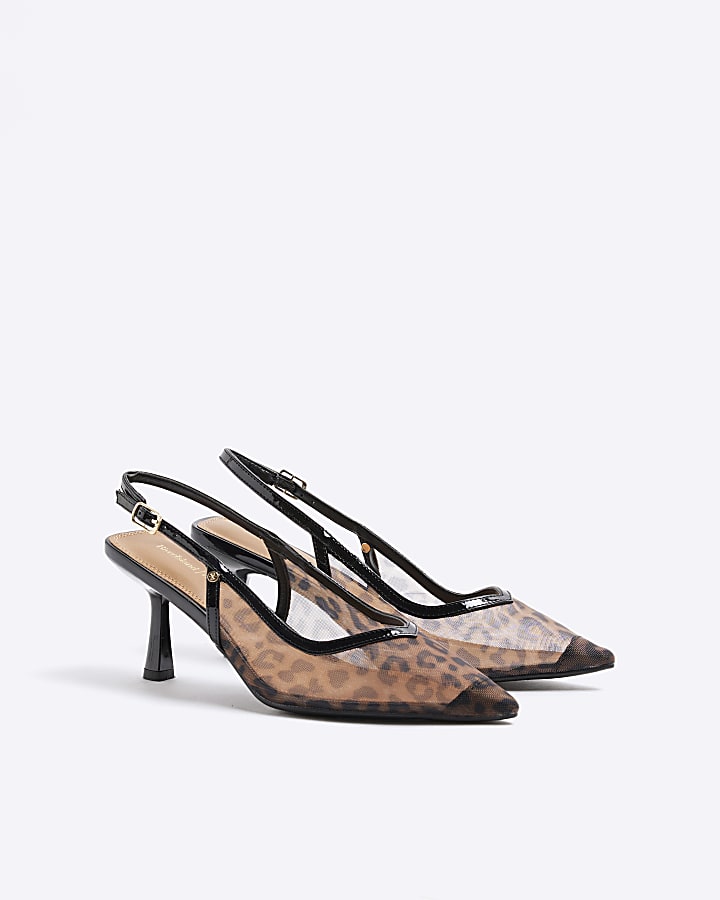 Brown Leopard Print Mesh Court Heeled Shoes