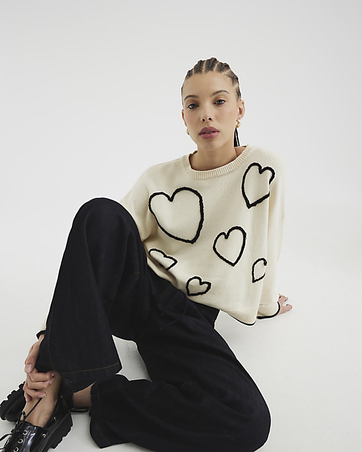 Cream Knitted Heart Jumper