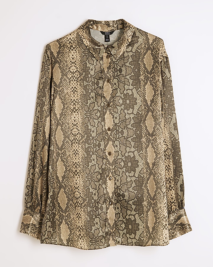 Brown Satin Snake Longline Shirt