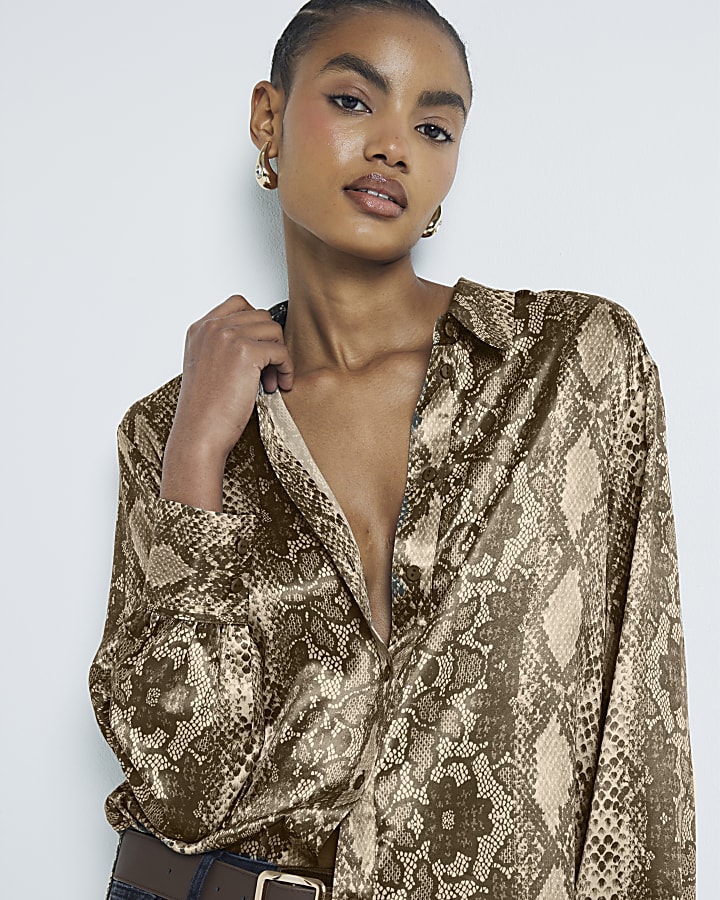 Brown Satin Snake Longline Shirt