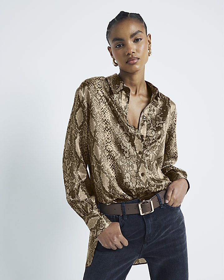 Brown Satin Snake Longline Shirt