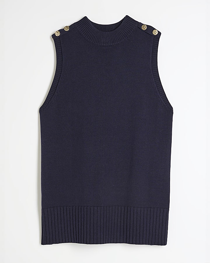 Navy Side Slit Knitted Tank Top