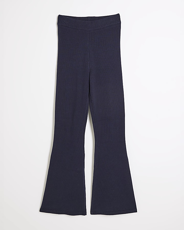 Navy Knitted Flared Trousers