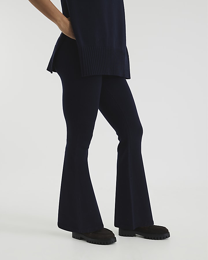 Navy Knitted Flared Trousers