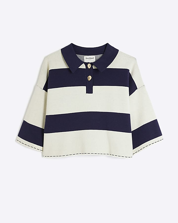 Navy Cropped Stripe Polo Shirt