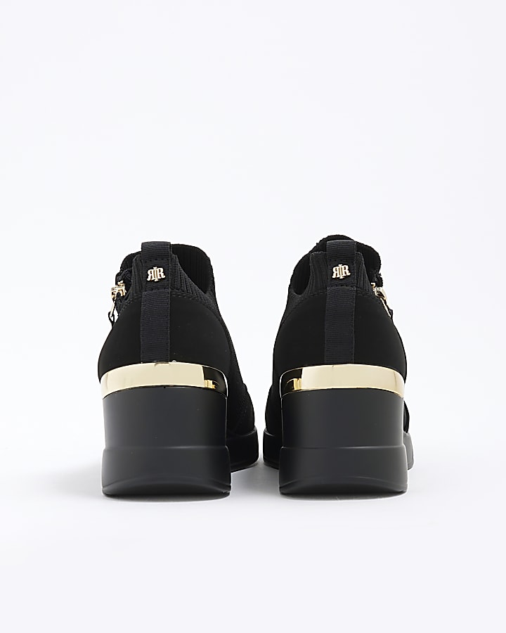 Black Faux Leather Zip Wedge Trainers