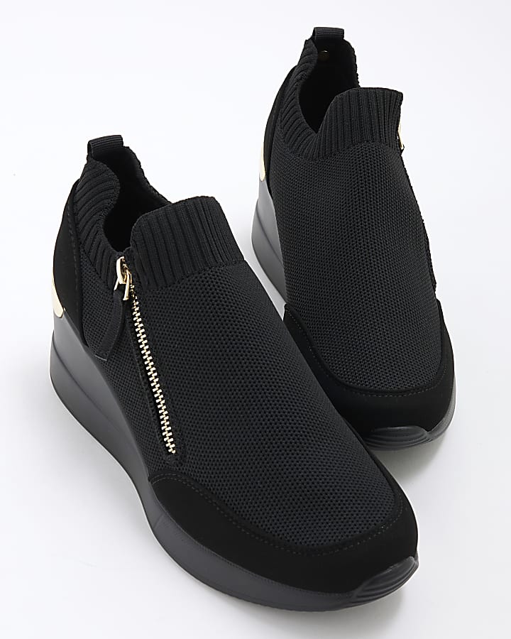 Black Knitted Zip Wedge Trainers