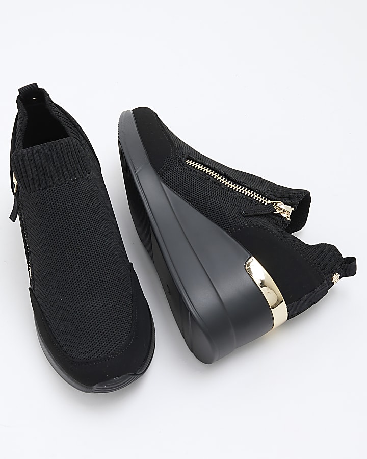 Black Knitted Zip Wedge Trainers