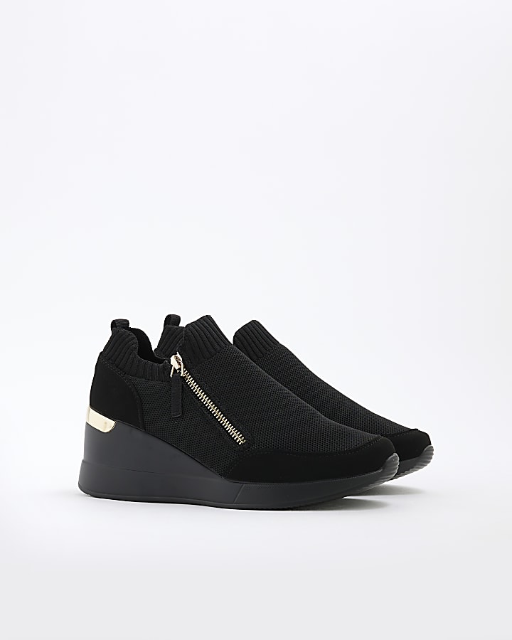 Black Knitted Zip Wedge Trainers