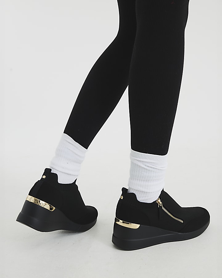 Black Faux Leather Zip Wedge Trainers