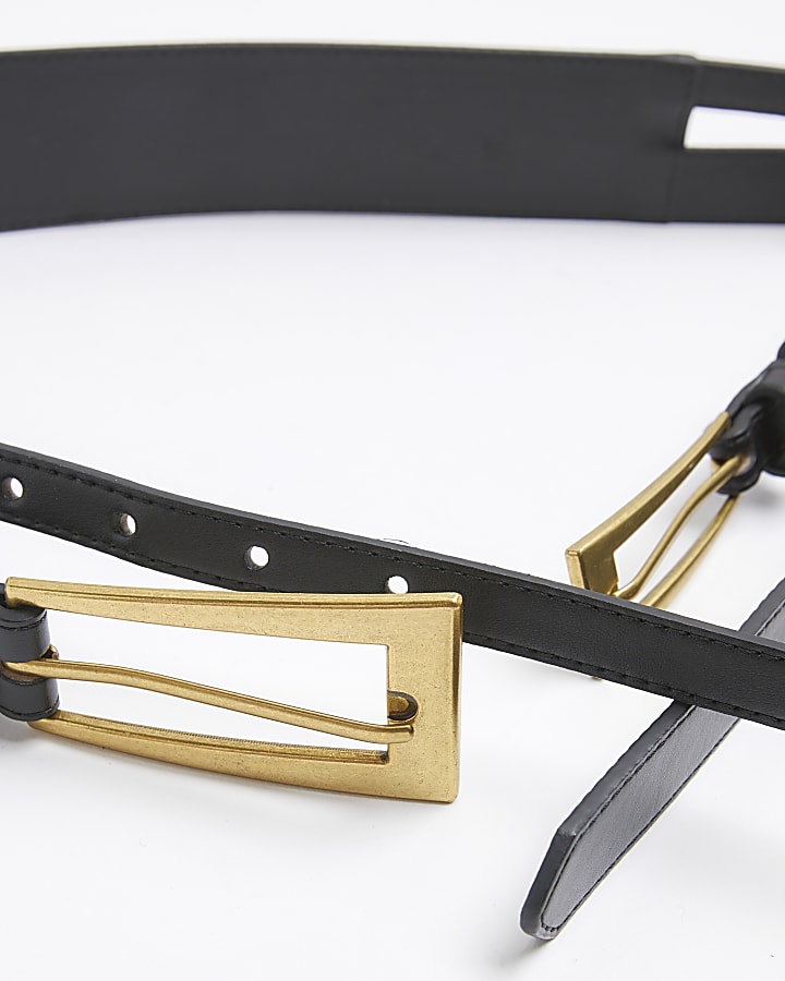 Black Faux Leather Double Buckle Belt