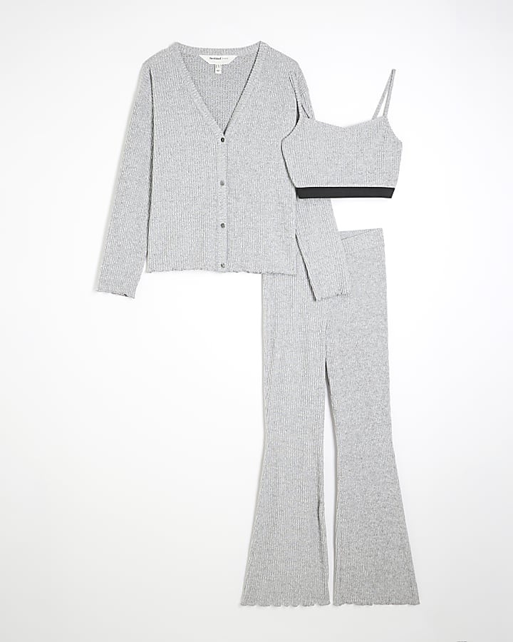 Grey Ribbed Loungewear 3 Piece Set