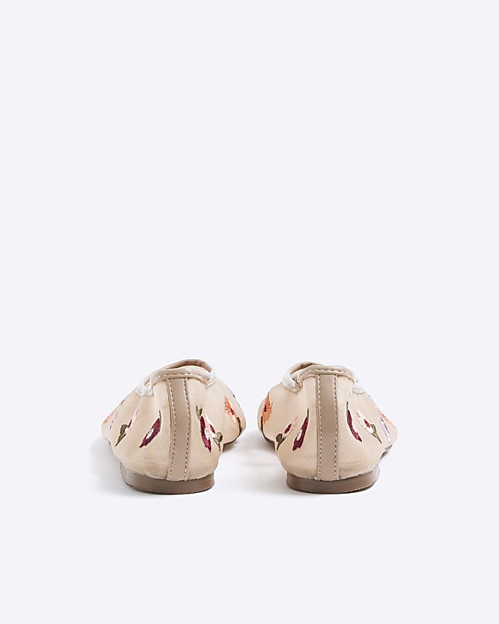 Beige Mesh Floral Embroidered Ballet Pumps