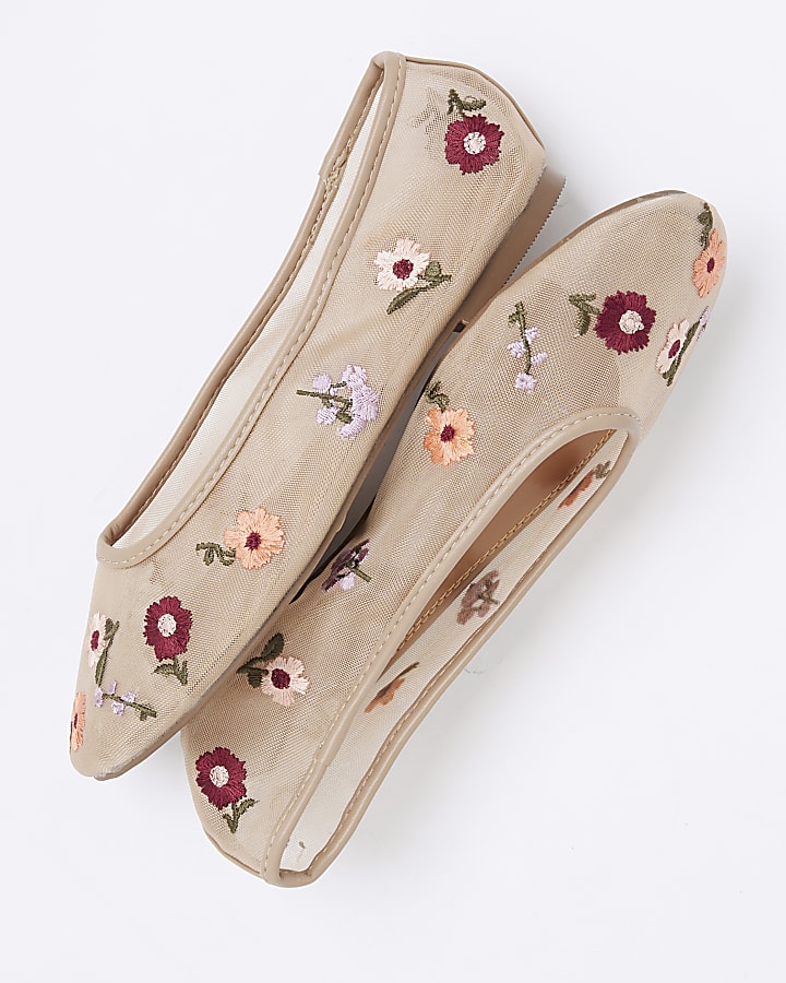 Beige Mesh Floral Embroidered Ballet Pumps