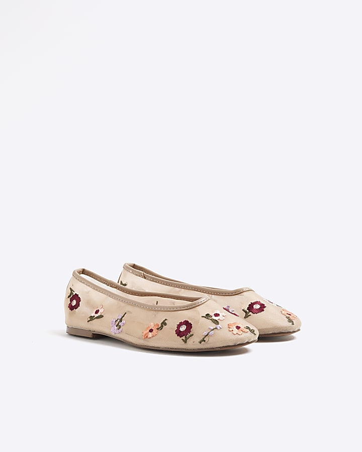 Beige Mesh Floral Embroidered Ballet Pumps