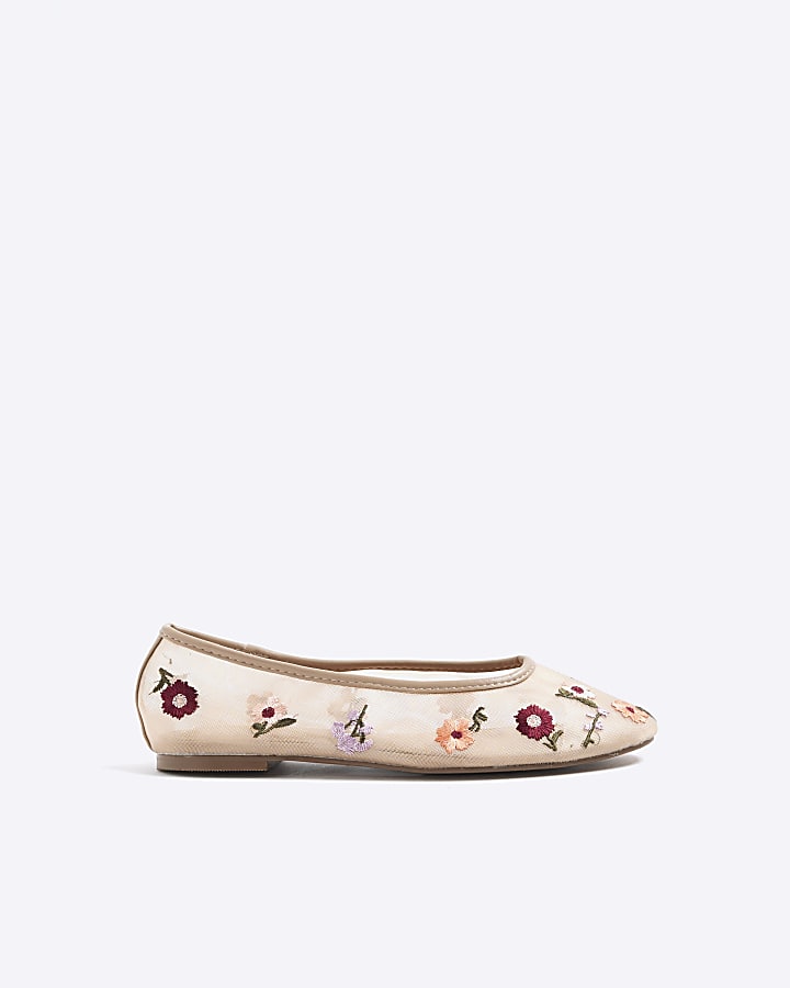 Beige Mesh Floral Embroidered Ballet Pumps