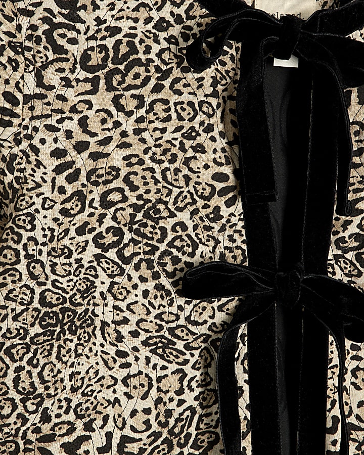 Beige Long Sleeve Tie Leopard Jacket