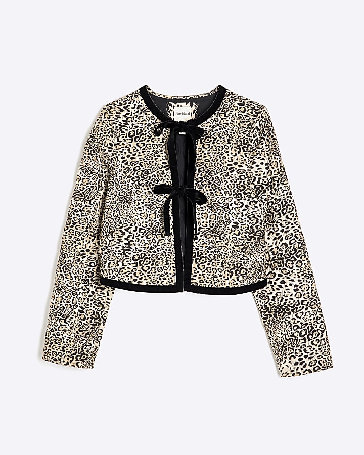 Beige Long Sleeve Tie Leopard Jacket