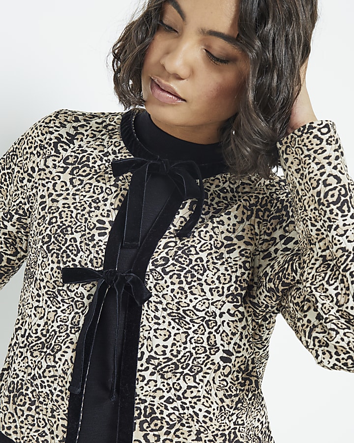 Beige Long Sleeve Tie Leopard Jacket