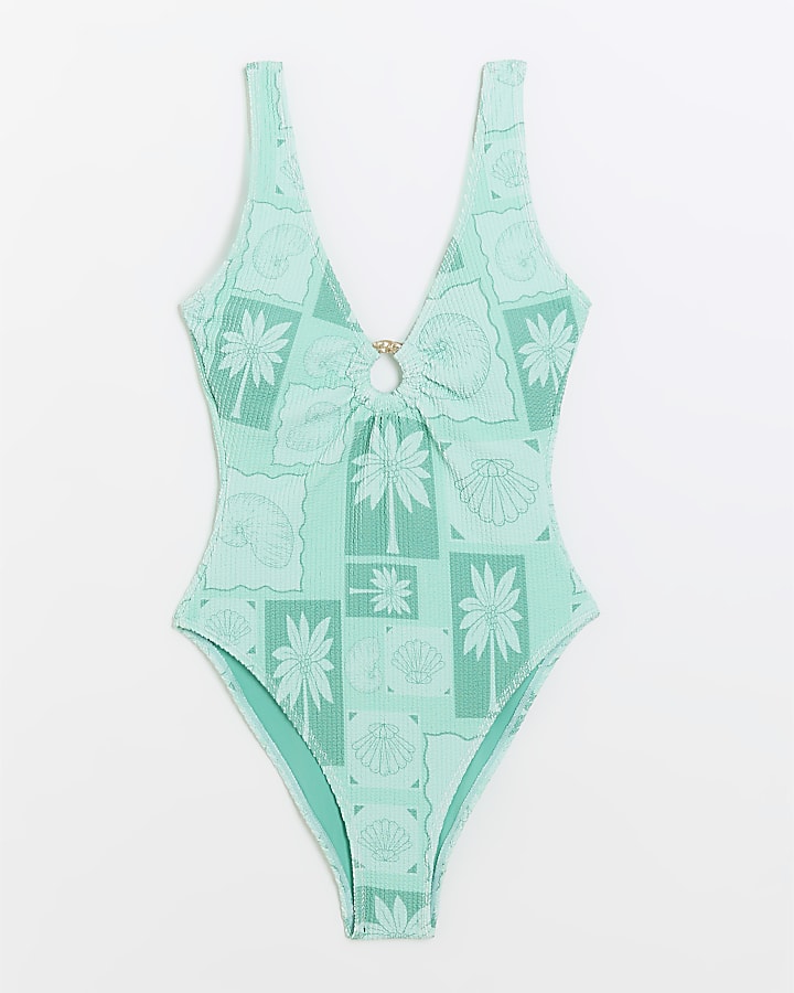 Green Palm Print Textured Swimsuit