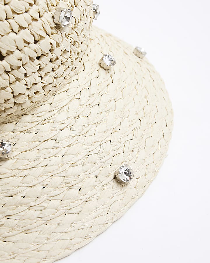 Cream Diamante Straw Bucket Hat