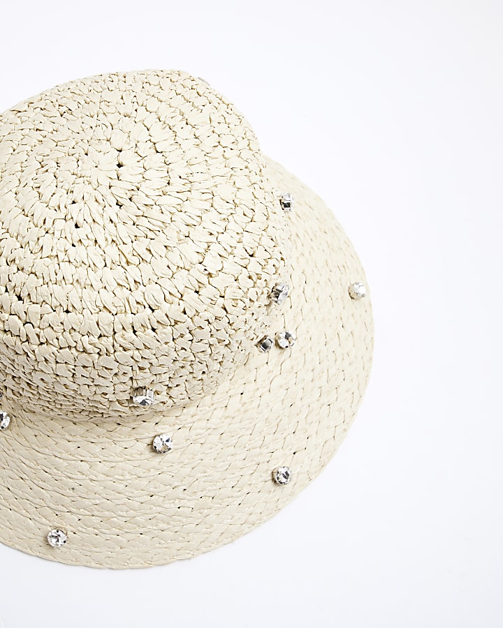 Cream Diamante Straw Bucket Hat