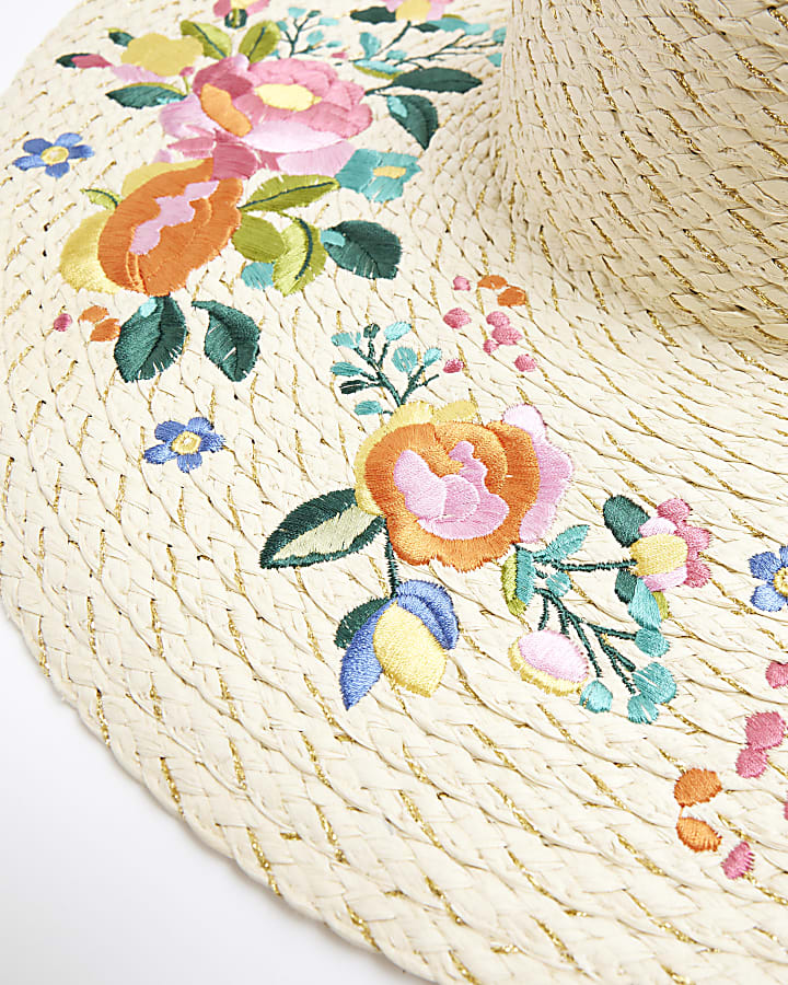 Beige Flower Embroidered Floppy Straw Hat