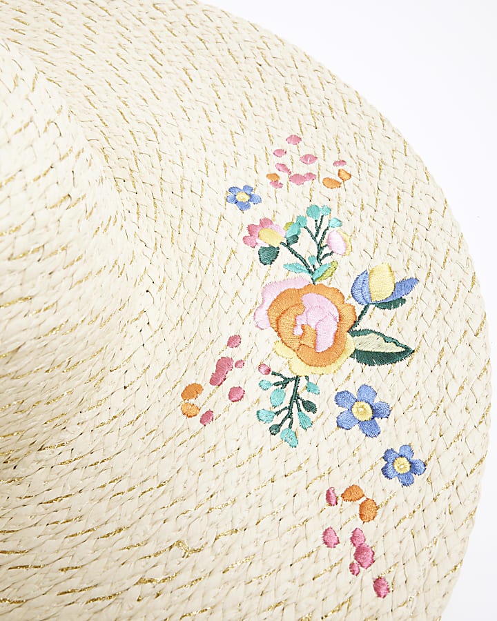 Beige Flower Embroidered Floppy Straw Hat