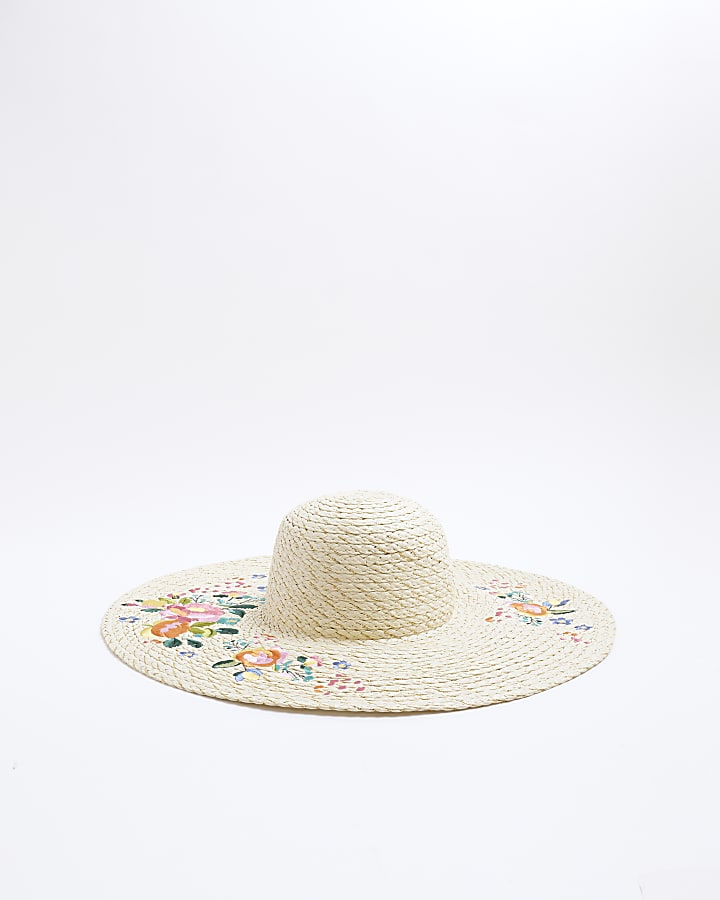 Beige Flower Embroidered Floppy Straw Hat