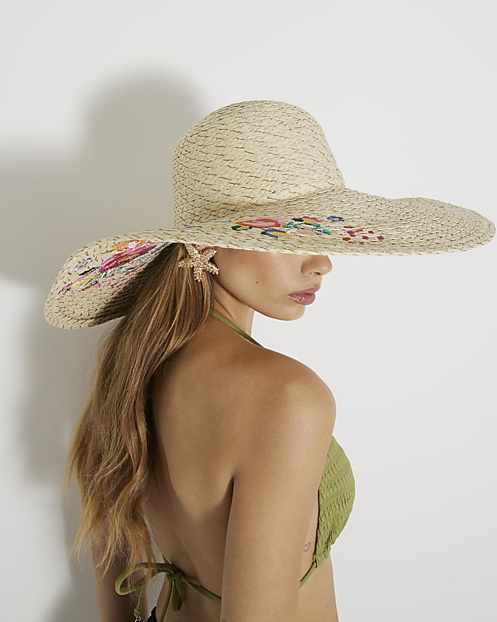 Beige Flower Embroidered Floppy Straw Hat