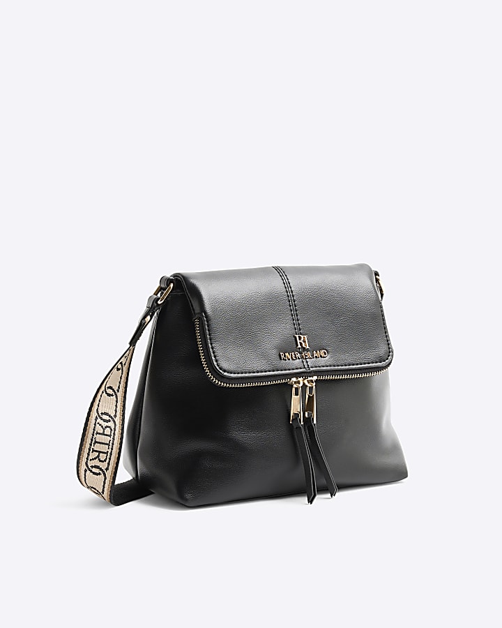 Black Faux Leather Zipped Messenger Bag